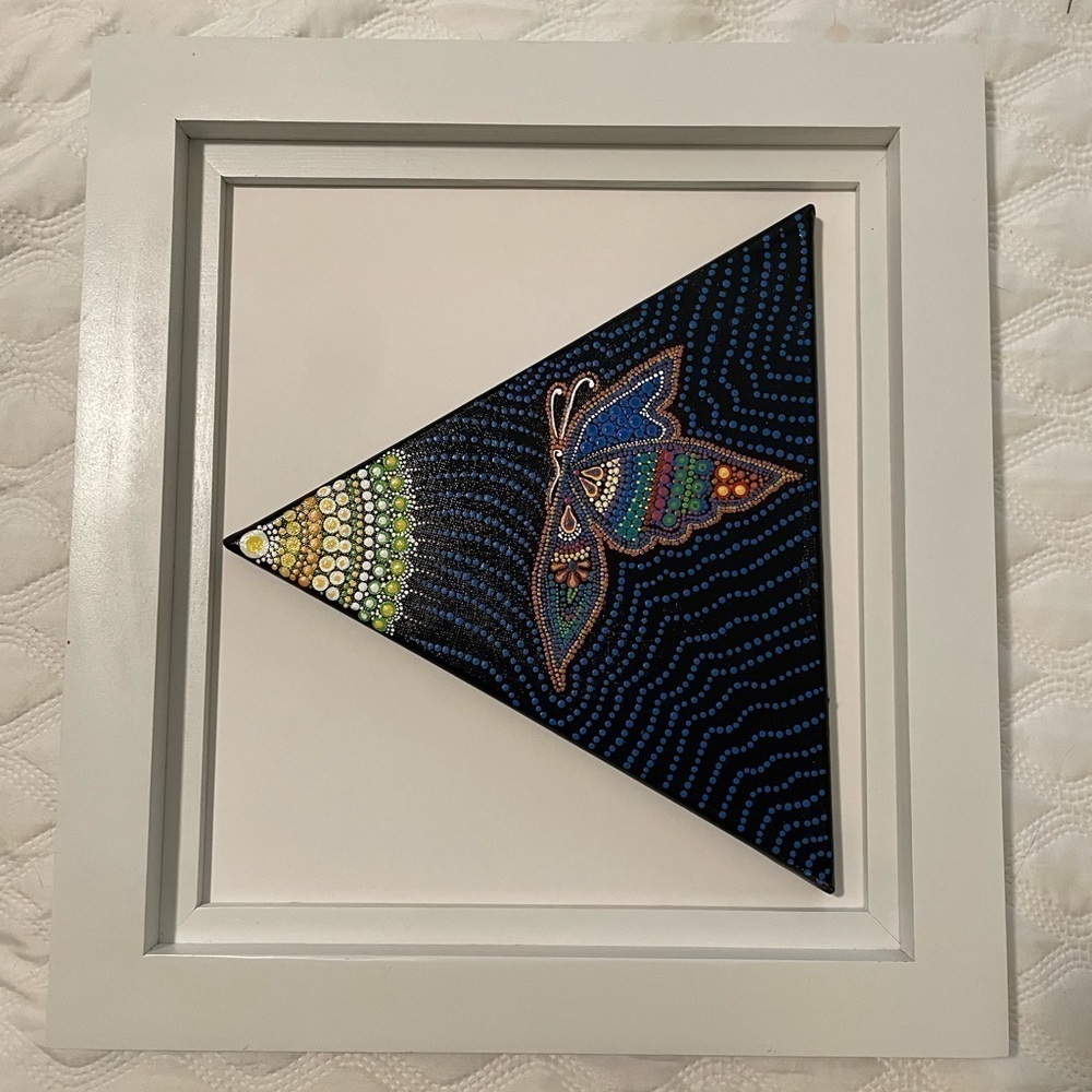 Butterfly hand painted mandala style painting framed. 17โX18โ